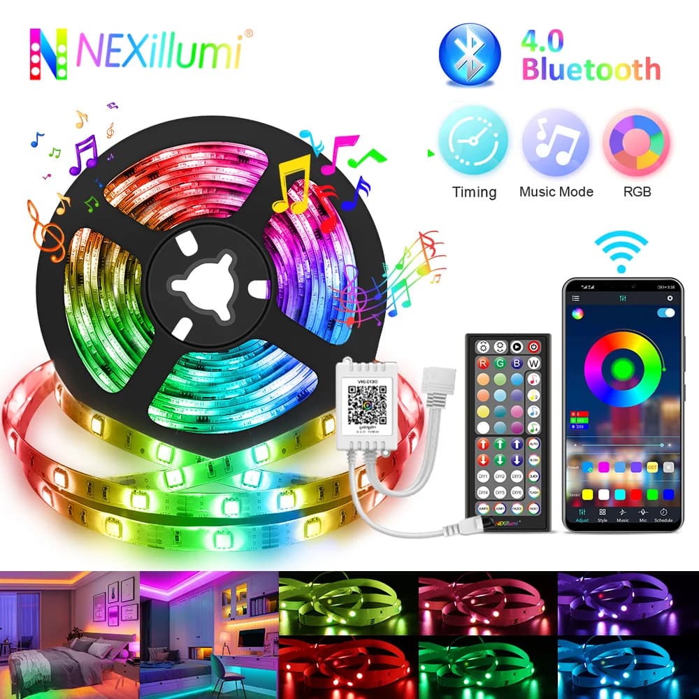 Nexillumi 5050 RGB LED bande lumineuse, 5m/10m/15m/20m/30m Bluetooth APP contrôle musique synchronis