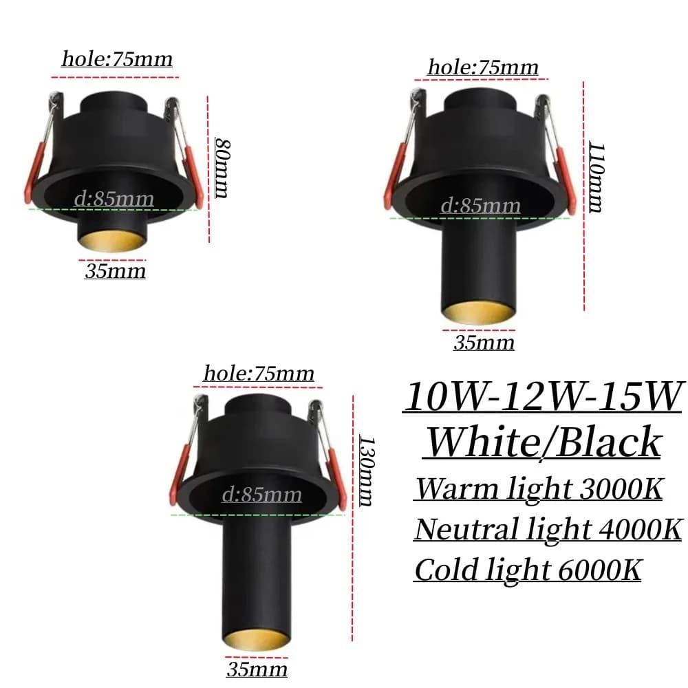 Spot lumineux LED encastrable Long 10W12W 15W Dimmable Anti-éblouissement 360 °   Rotation COB puce 