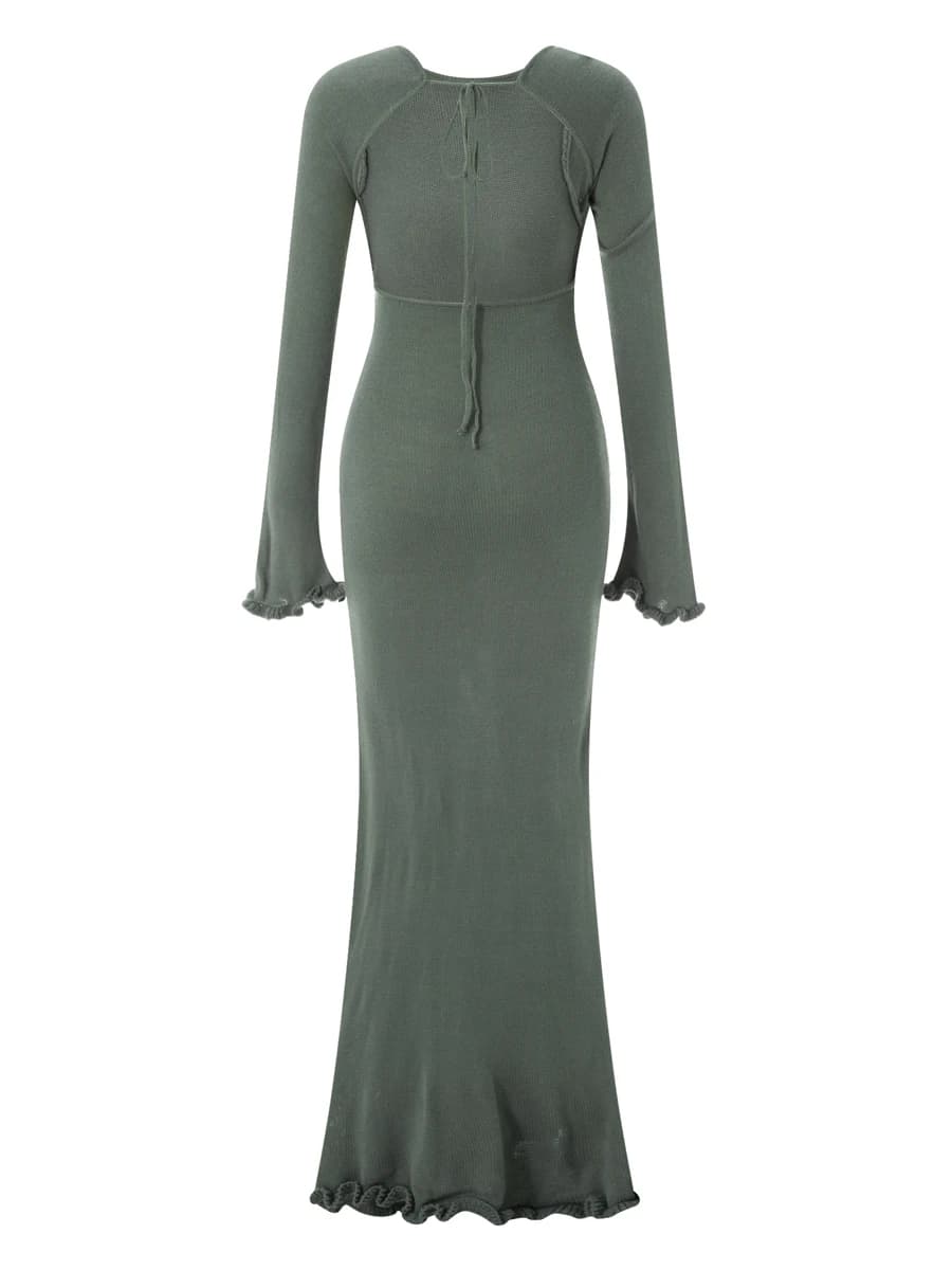 Robe moulante tricotée pour femmes, manches longues, cravate, dos nu, col rond, couleur unie, garnit