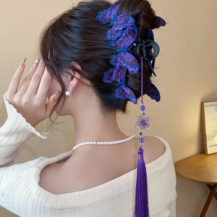Pinces à cheveux papillon tricotées de Style chinois pour femmes, longues fleurs violettes, pompon r