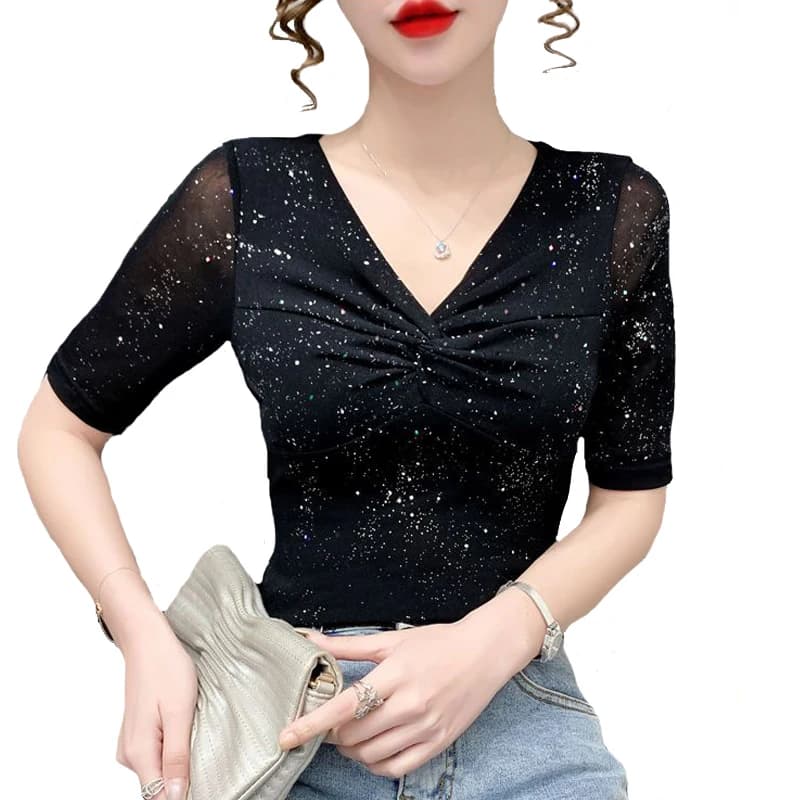 Femmes à manches courtes maille T-shirt été brillant fond haut décontracté brillant soie plissée che