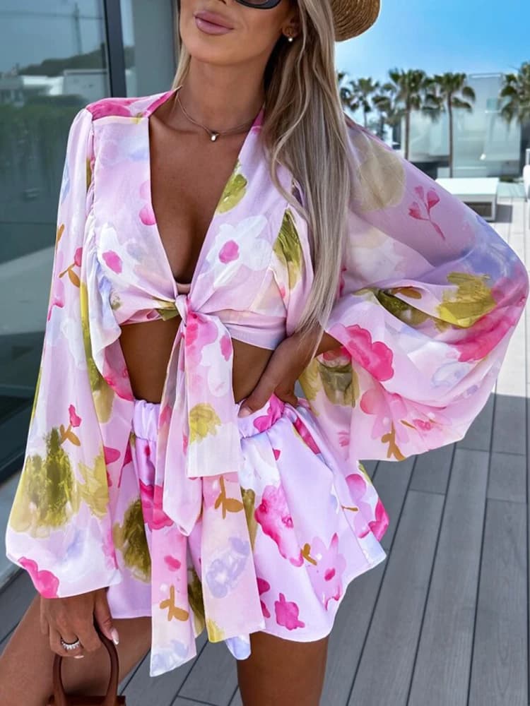 Chemisier à laçage et short slim pour femme, ensemble deux pièces, streetwear, short de plage, tenue