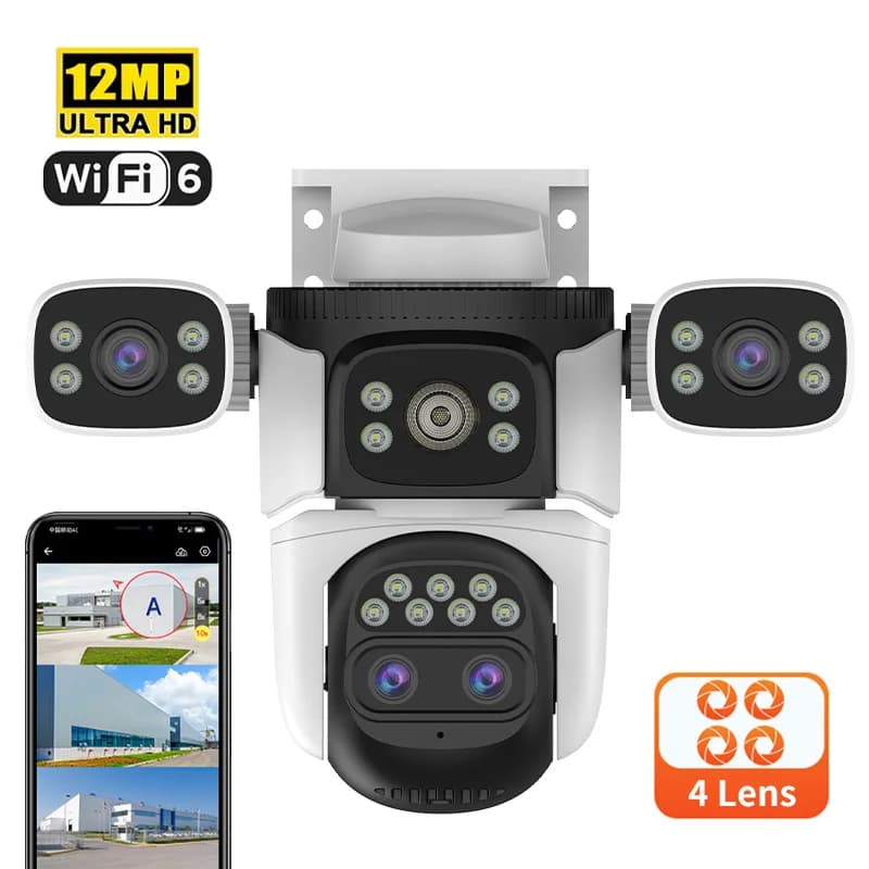 Caméra Dôme IP WiFi 12MP O-Kam APP avec Zoom 10X, Quatre Objectifs, Détection Humanoïde IA en Couleu