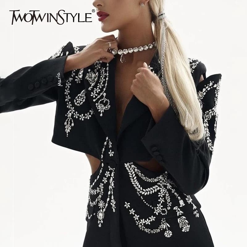 TWOTWINSTYLE évider Patchwork diamants Blazers pour femmes col cranté manches longues épissé bouton 
