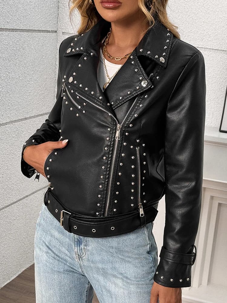 Ailegogo printemps automne femmes Streetwear Rivet fermeture éclair ceinture Faux cuir veste Vintage