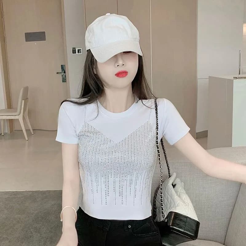 T-shirt à manches courtes pour femmes, 100% coton, coréen, chic, mince, col rond, solide, haut court
