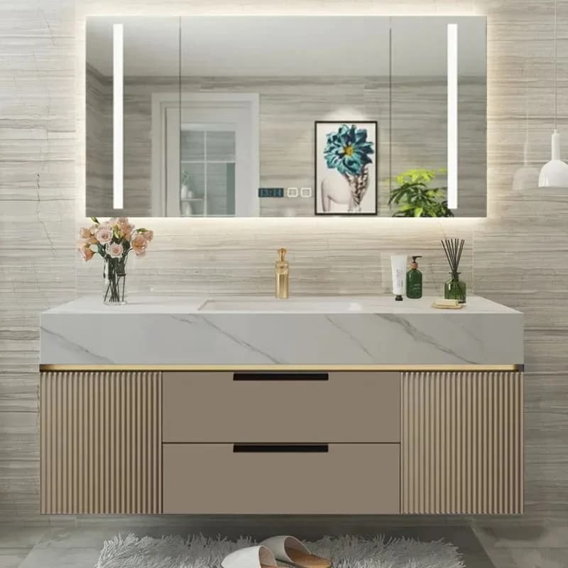 Meuble de salle de bain de luxe en bois avec tiroirs étanches, design élégant, ensemble complet de r