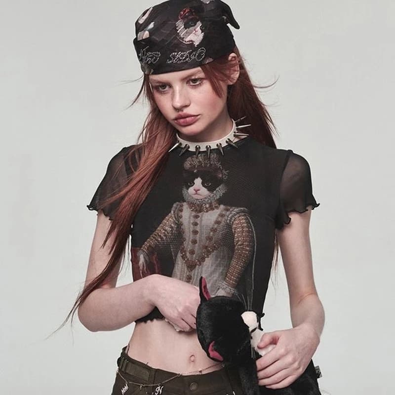 Y2K-T-shirt à manches courtes en maille de dentelle pour femmes, haut court imprimé chat, transparen
