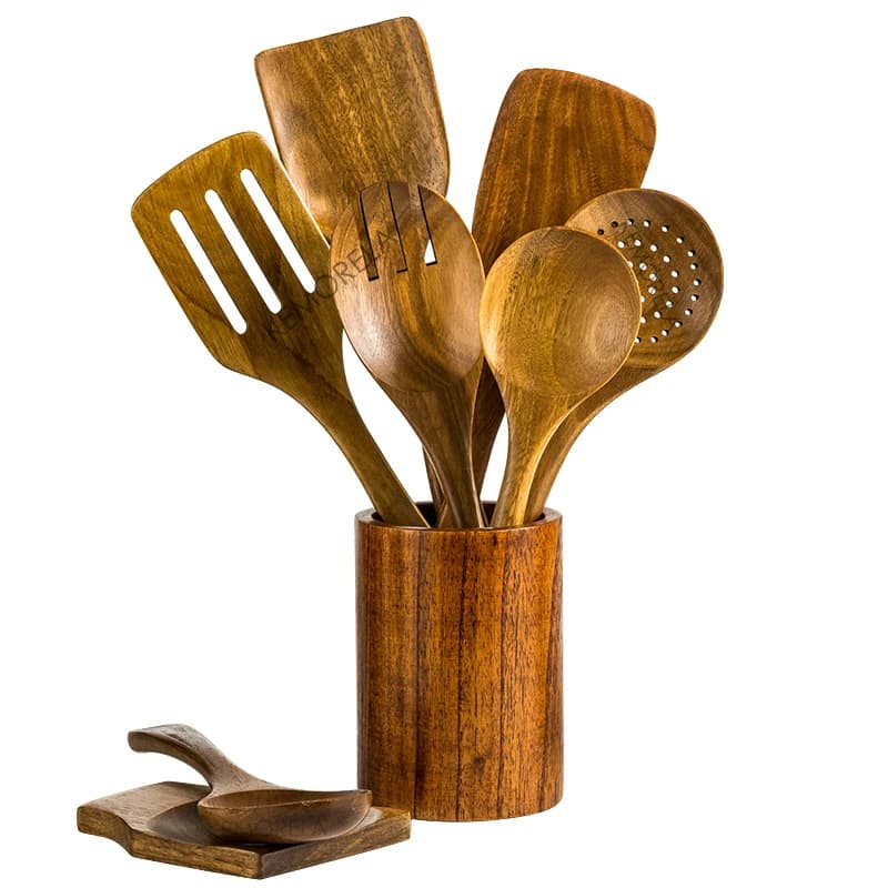 Cuillères en bois pour la cuisine, ustensiles en bois pour la cuisine avec porte-ustensiles, ensembl