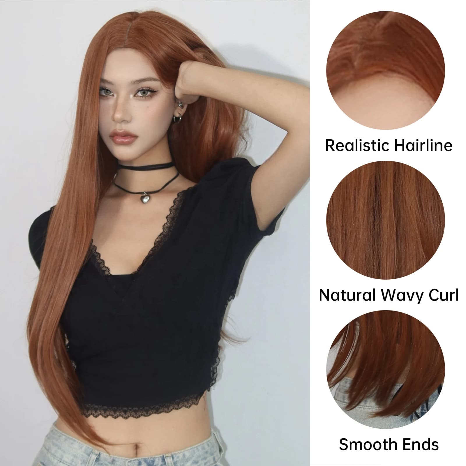 Perruque synthétique longue et lisse marron gingembre en cuivre pour femmes, perruque avec raie cent