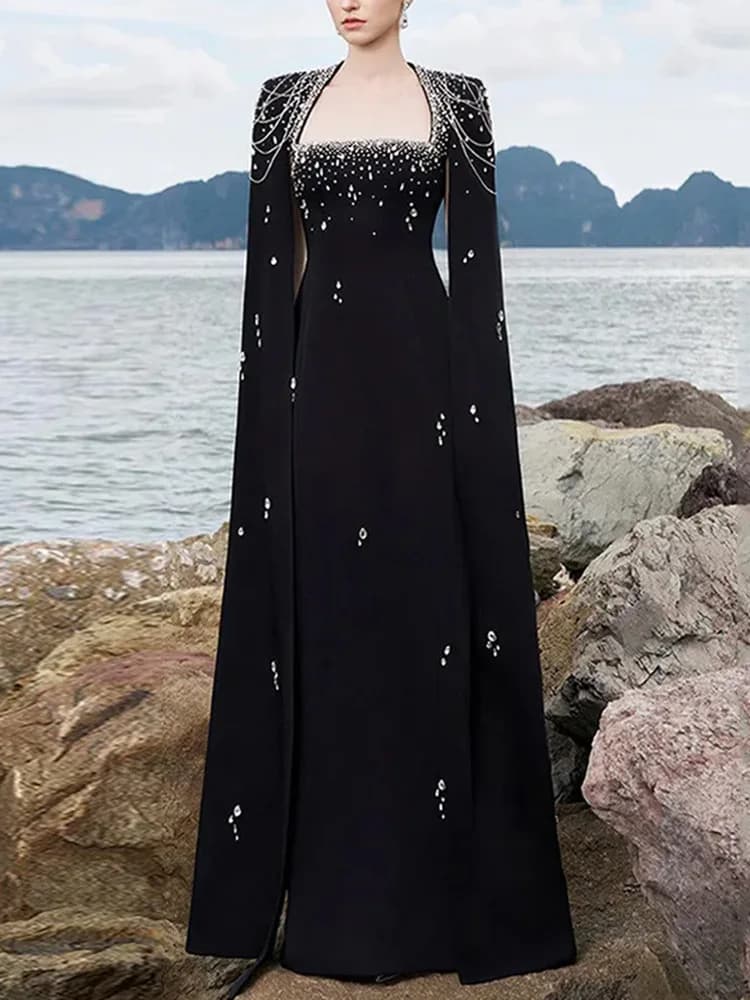 HIGH STREET Nouveauté 2026 Robe longue maxi de créateur pour femme, ornée de diamants et de chaînes,