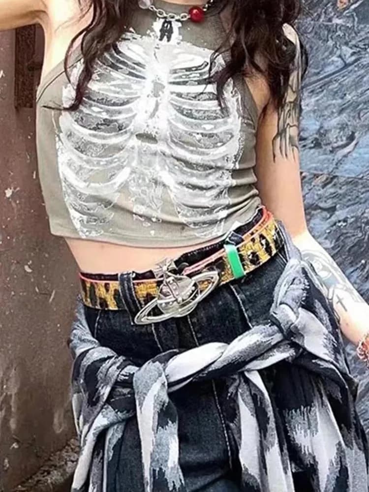 Punk Aesthetic Cyber Retro X-Ray Modules for Women, Rib Print, FibroArmyGreen Crop Top, Designer Clo