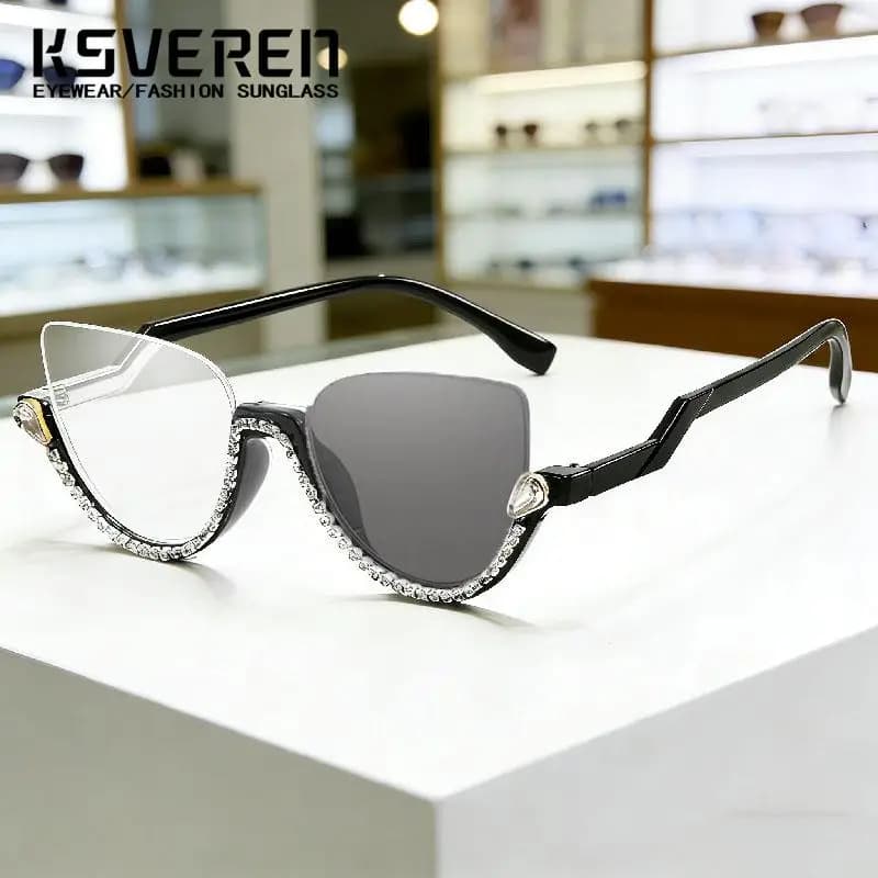 Lunettes de myopie photochromiques œil de chat en strass pour femmes, verres de Prescription finis, 