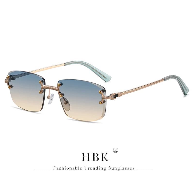 HBK-Lunettes de soleil carrées sans monture pour homme, verres dégradés bleus, métal de qualité supé
