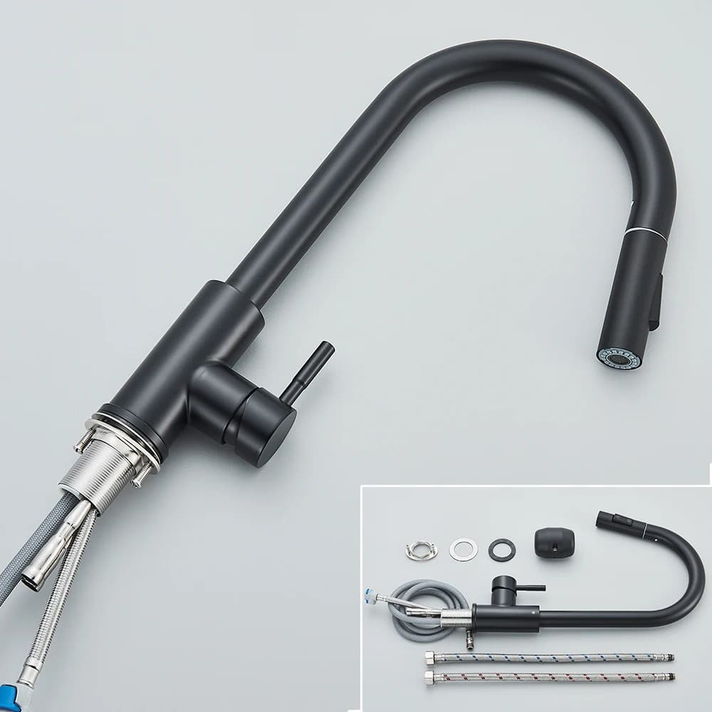 Robinet de cuisine noir à deux fonctions, mélangeur extractible à poignée unique, robinets d'eau cha