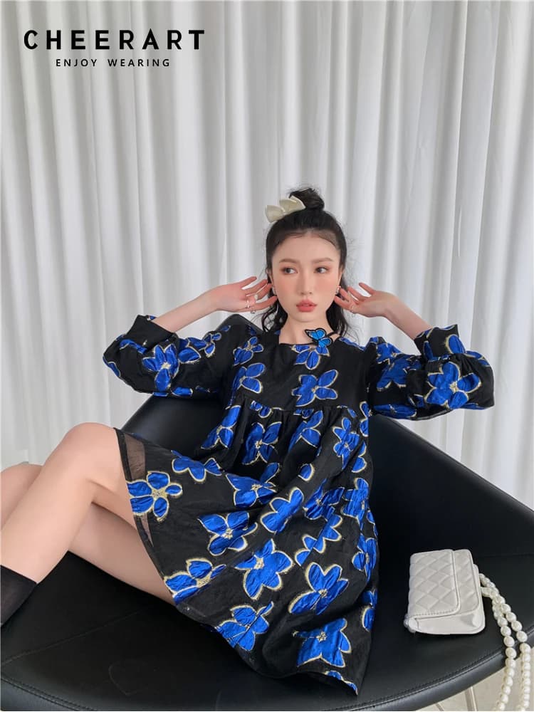 CHEERART – robe de fée en Organza bleu Royal, Jacquard, manches bouffantes, motif Floral, manches lo