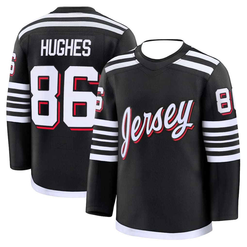 Maillot de hockey - Noir avec accents blanc/rouge Logo "Hughes 86" Script "Jersey" Couche de base co