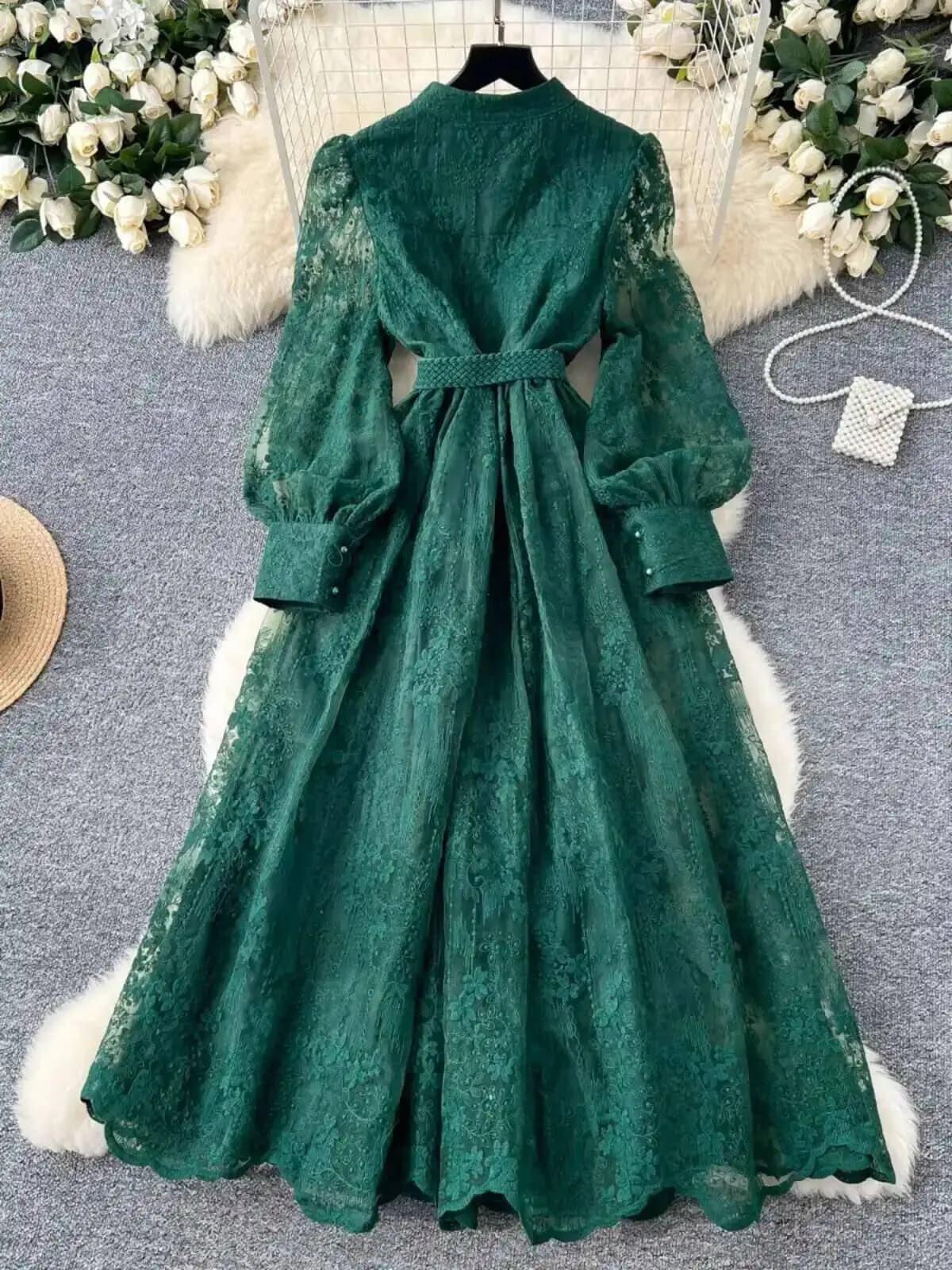 Robes formelles brodées de luxe pour femmes, lanterne d'été et d'automne, manches longues, dentelle,
