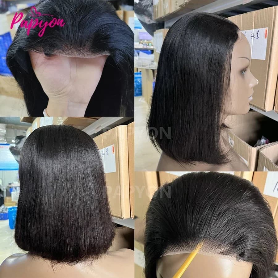Perruques courtes bob lisses sans colle, prêtes à porter, en cheveux humains, pré-coupées, avec cord