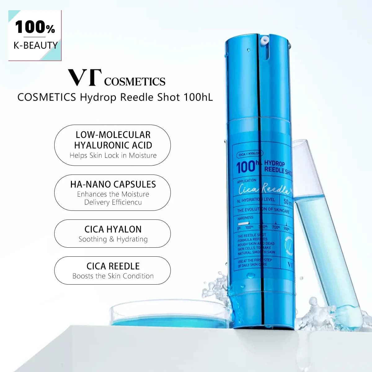 VT COSMETICS Hydrop Reedle Shot 100hL, translucide et hydratant, affinant les pores, améliorant l'éc