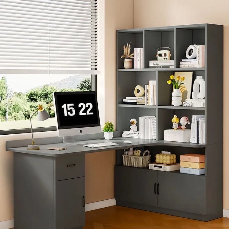 Bureau d'ordinateur d'angle à 3 tiroirs en forme de L avec prises de courant, grand bureau de rangem