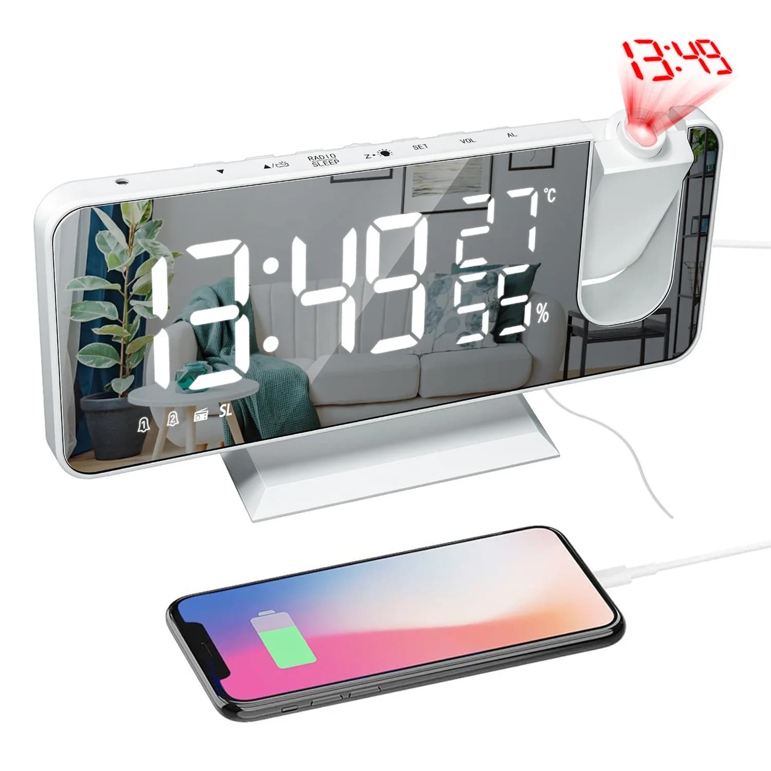 LED numérique miroir Projection réveil maison FM Radio thermomètre hygromètre USB réveil montre 180 
