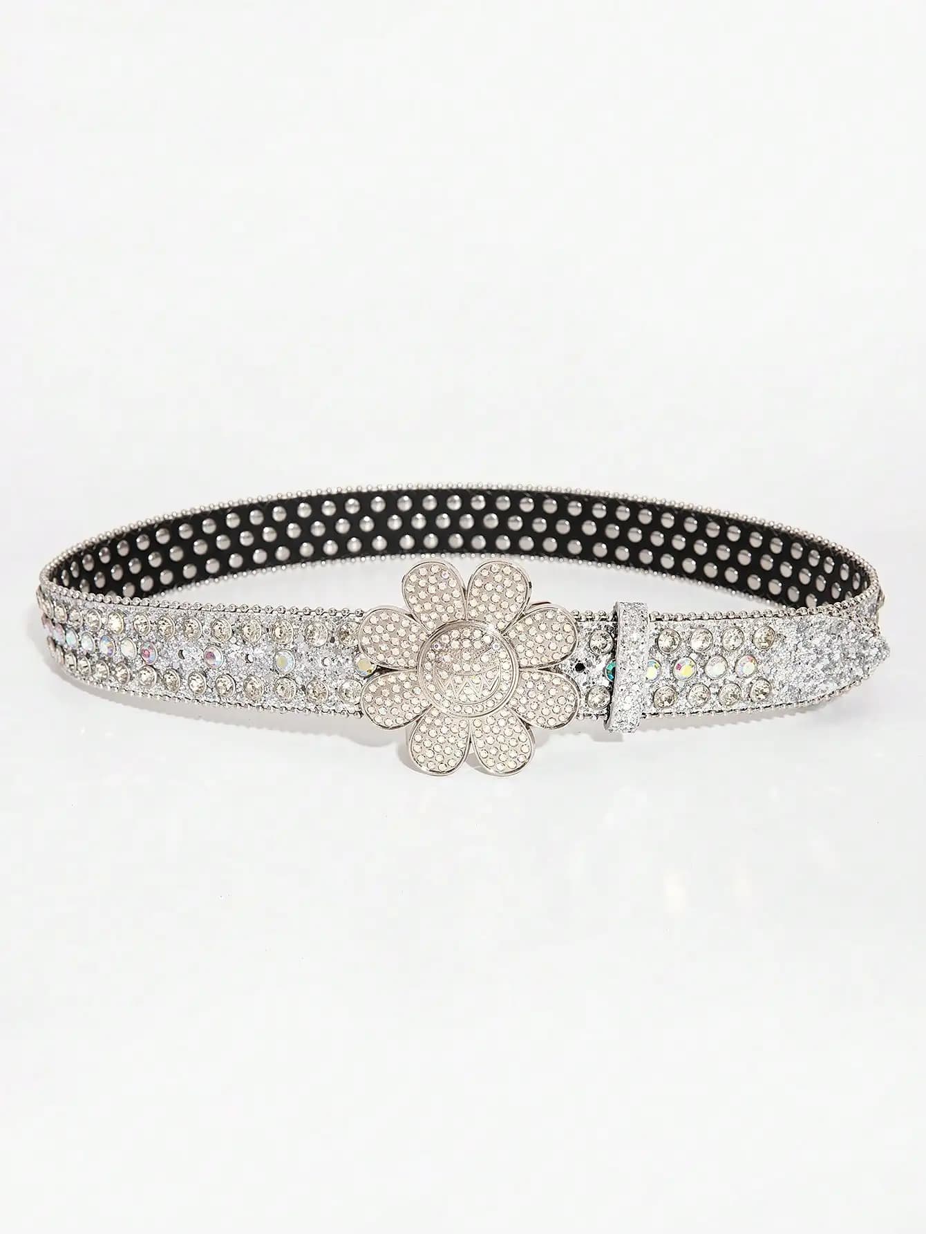Ceinture punk argentée Y2K pour femmes, 1 pièce, smiley fleur, strass, boucle laser, strass pour jea