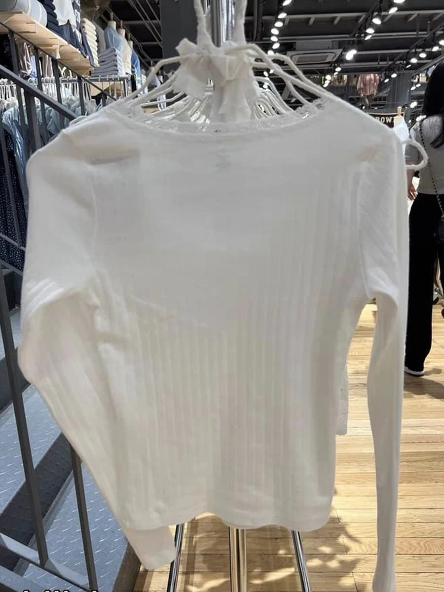 T-shirt manches longues col rond pour femme, haut court en coton blanc, Vintage, doux et mignon, ave