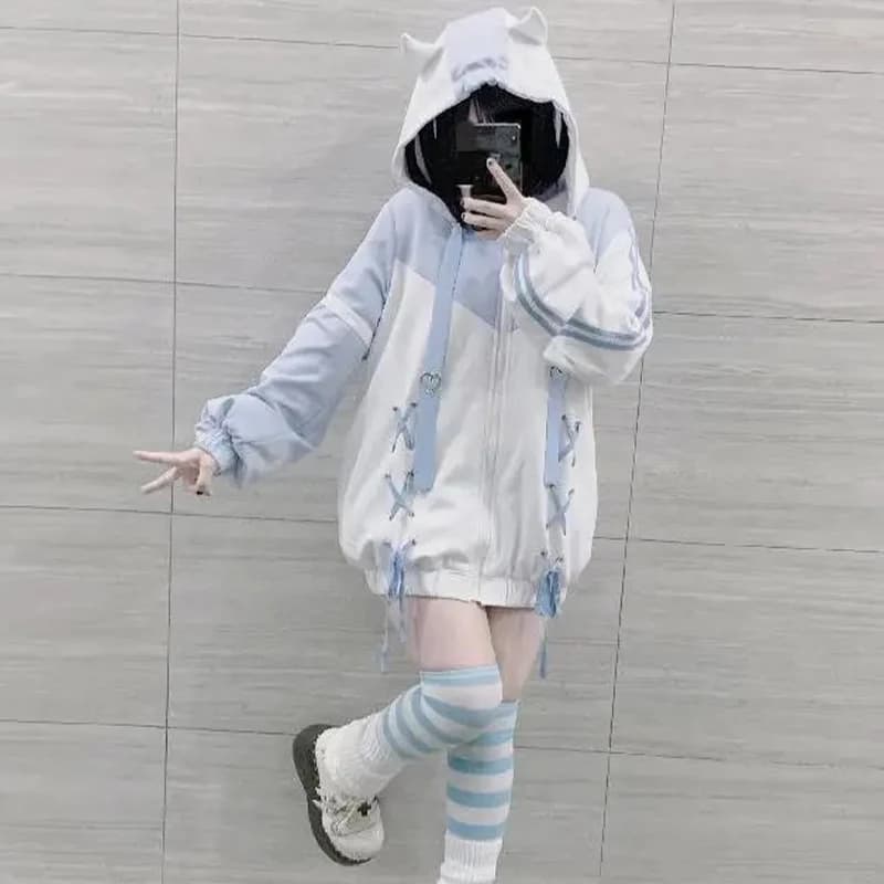 Filles point femme vêtements sous-culture sweat à capuche japonais bleu blanc automne femme sweats f