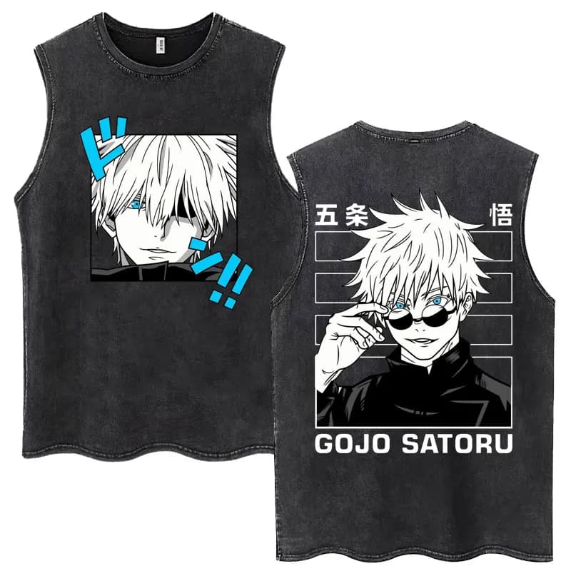 Anime Jujutsu Kaisen Satoru Gojo Vintage lavage débardeurs hommes femmes classique Manga coton T-Shi