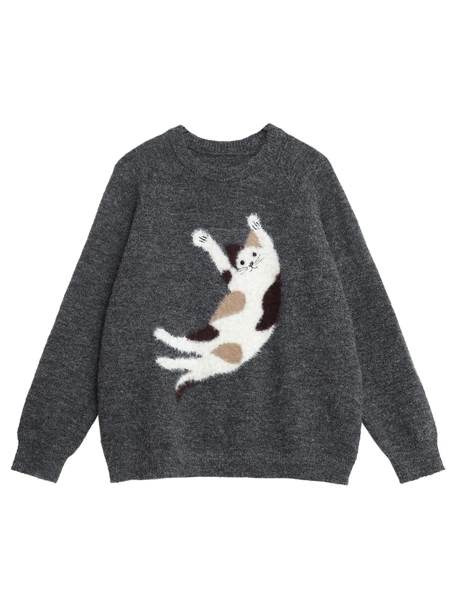 CHIC VEN femmes chandails ample décontracté O cou tricoté dessin animé chat chaud tricot pull femme 