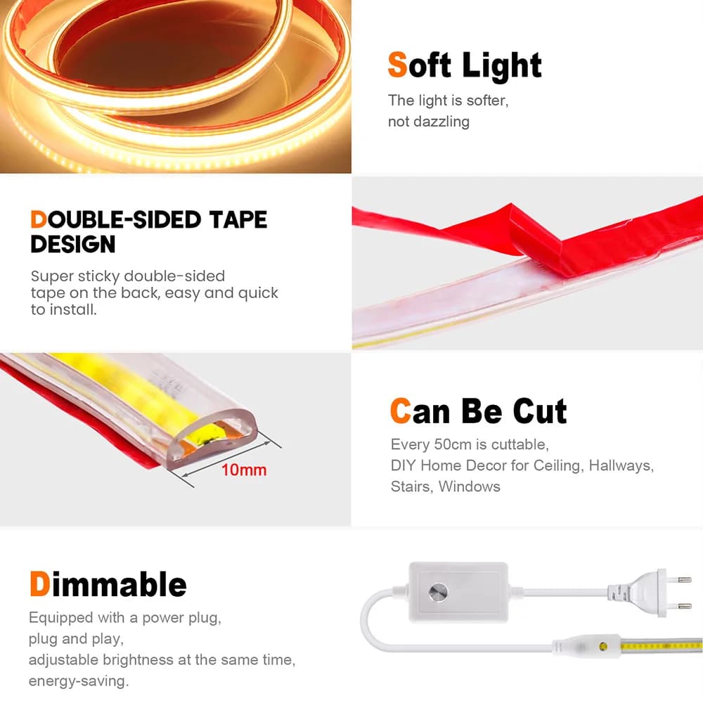 Bande lumineuse LED COB à intensité variable, 220V, Flexible, avec variateur, Kit d'alimentation, 28