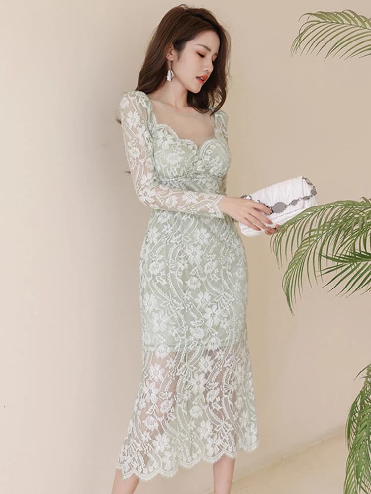 Robe maxi en dentelle transparente pour femme, robe de soirée, robe de vacances, dentelle transparen