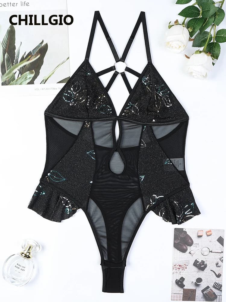 CHILLGIO femmes paillettes paillettes body mode à bretelles barboteuses Lingerie moulante Onesie Sex