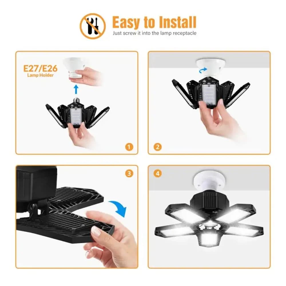 INDA/E26-Lampe de Garage à LED 60W, Ventilateur Réglable et Déformable, Luminaire de Travail Industr