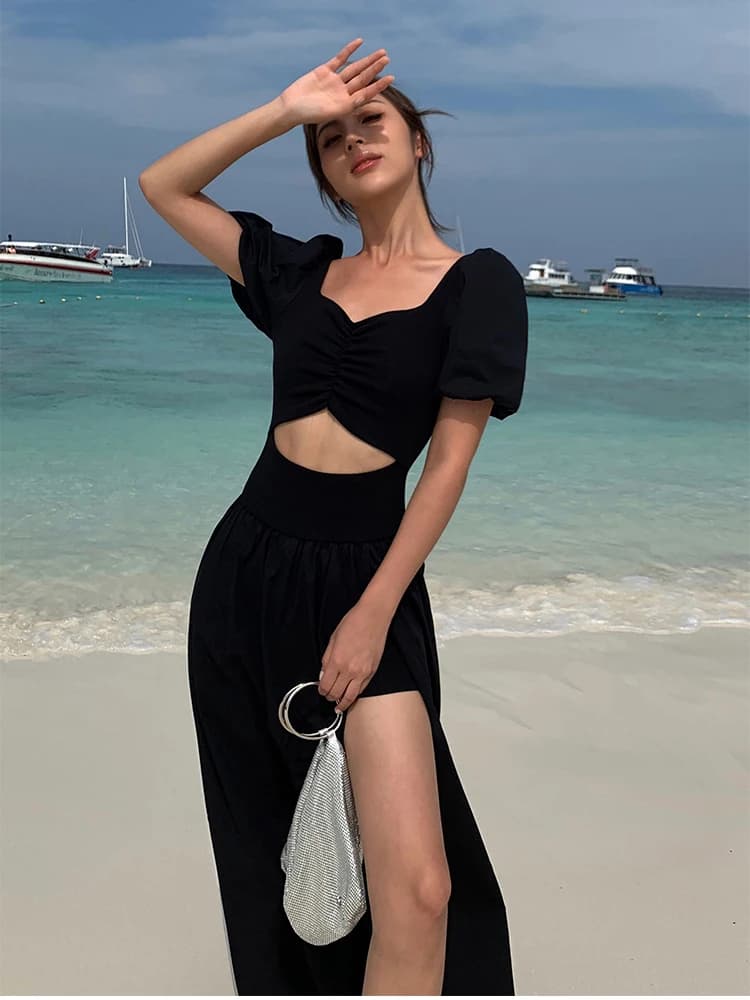 Robe noire vintage Y2k pour femme, robe mi-longue fendue, robe de soirée sexy, mode coréenne décontr