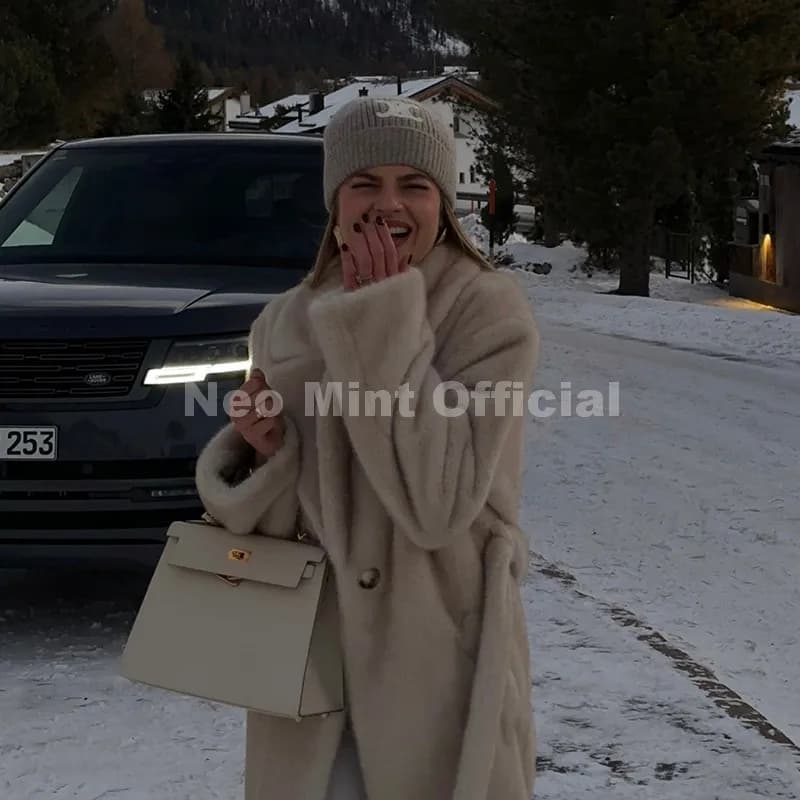 Neo Mint ceinturé fausse fourrure de vison manteau femmes 2025 hiver Beige dégradé fourrure veste de