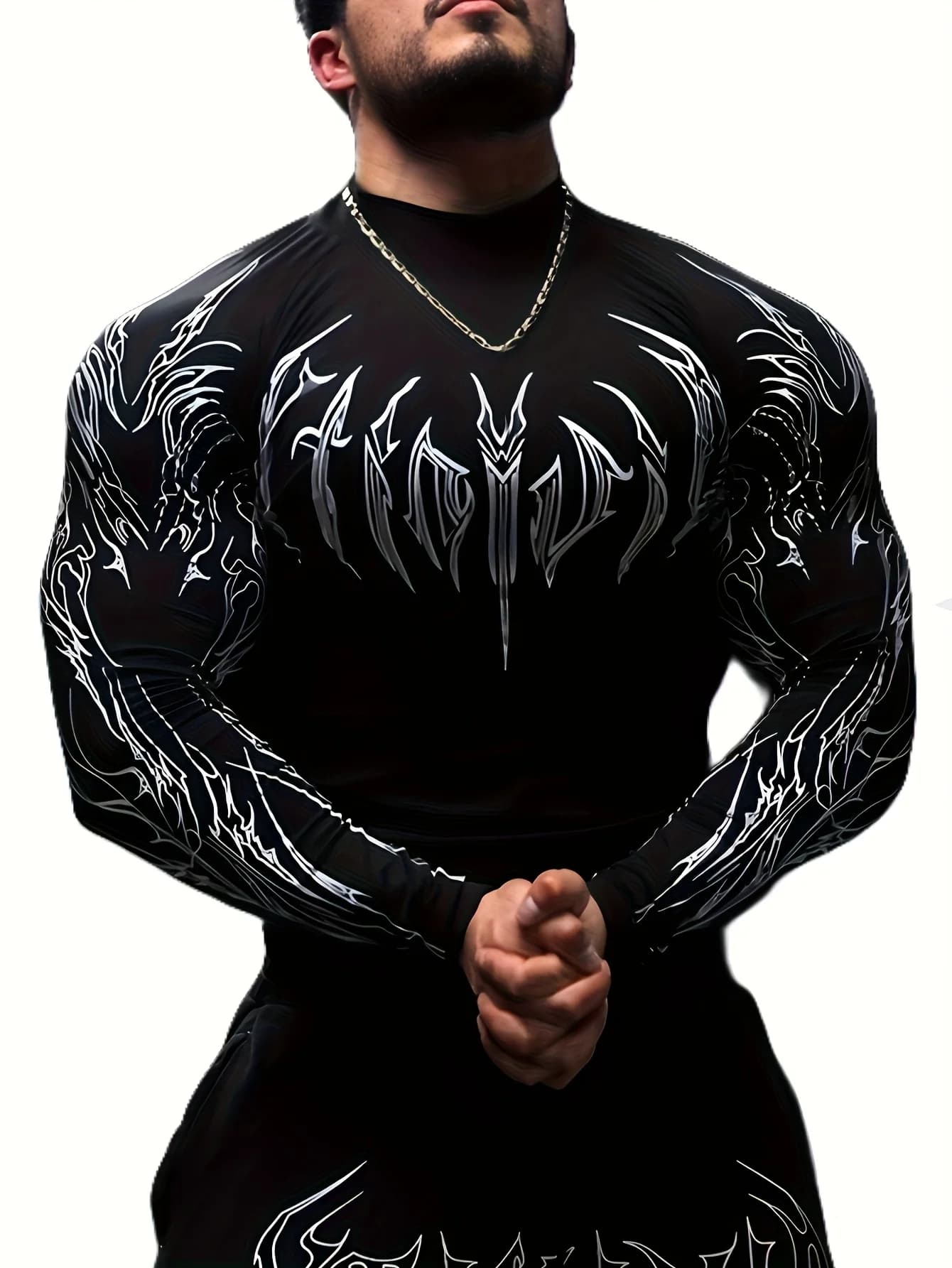 T-shirt de fitness à manches longues pour homme, coupe ajustée, imprimé géométrique, col montant, id