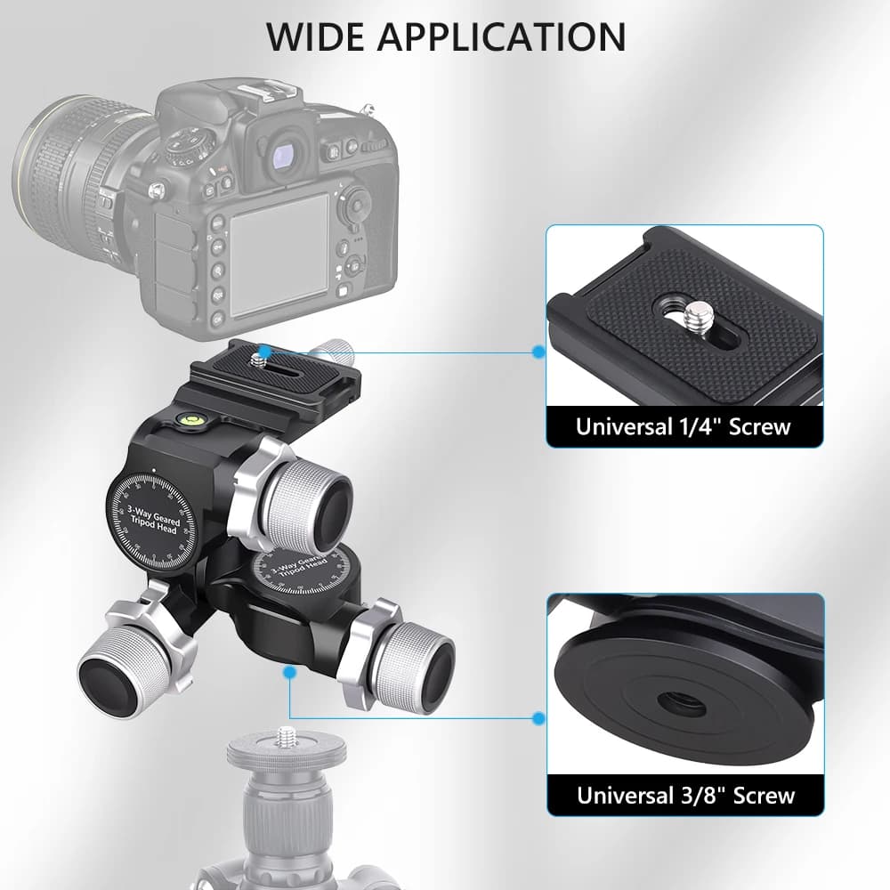 VICELK GH5 Tête de trépied à engrenages 3 voies avec plaque QR de type Arca, micro réglage du millim