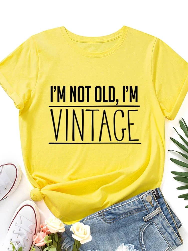 T-shirt manches courtes col rond femme, vintage, imprimé, je ne suis pas vieux, je suis