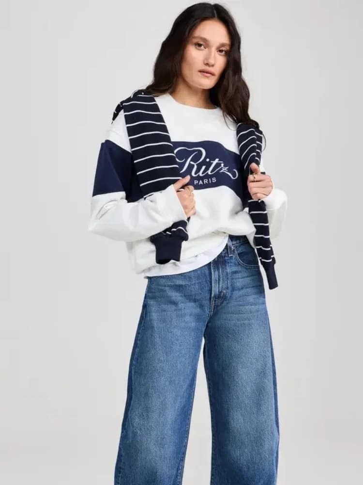 Ritz Paris 2026 – pull à col rond brodé, blanc, bleu foncé, coupe ample, sweat à capuche pour femme,