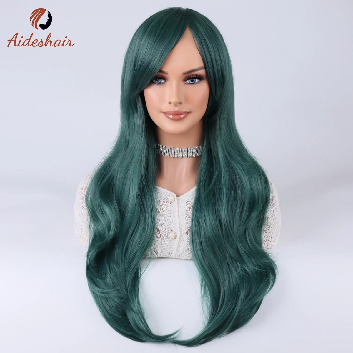 Aideshair vert foncé section moyenne frange diagonale longue perruque bouclée pour les femmes fibre 
