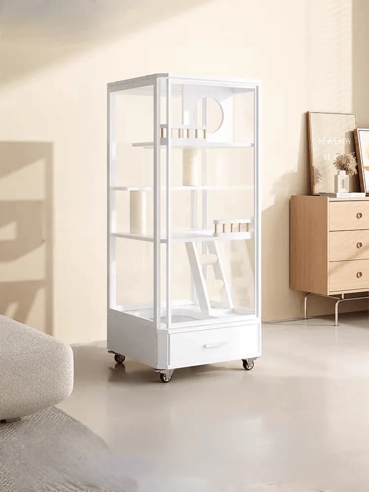 Maison d'intérieur de luxe moderne pour chat, Villa panoramique en verre, Cage en bois massif, bac à