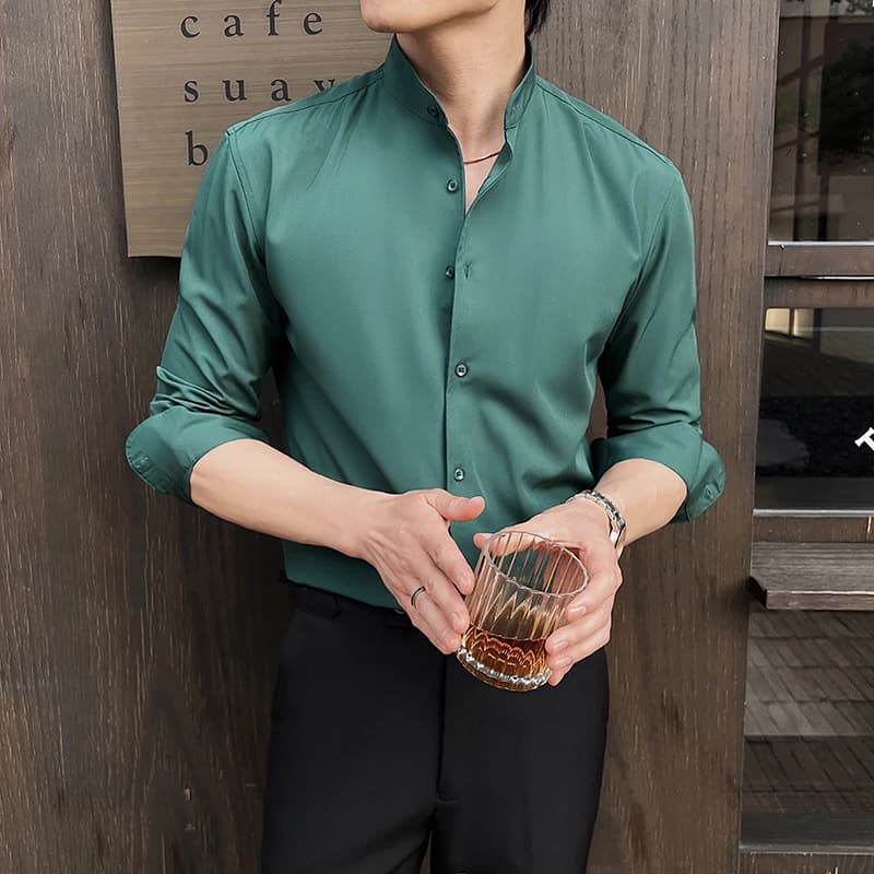 Chemise à col montant pour hommes, nouveau Style chinois, haut de gamme, manches longues, élastique,