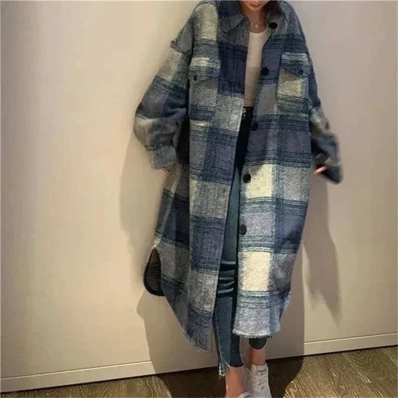Chemise mi-longue fine au-dessus du genou, manteau à carreaux bleu, version coréenne, tempérament tr
