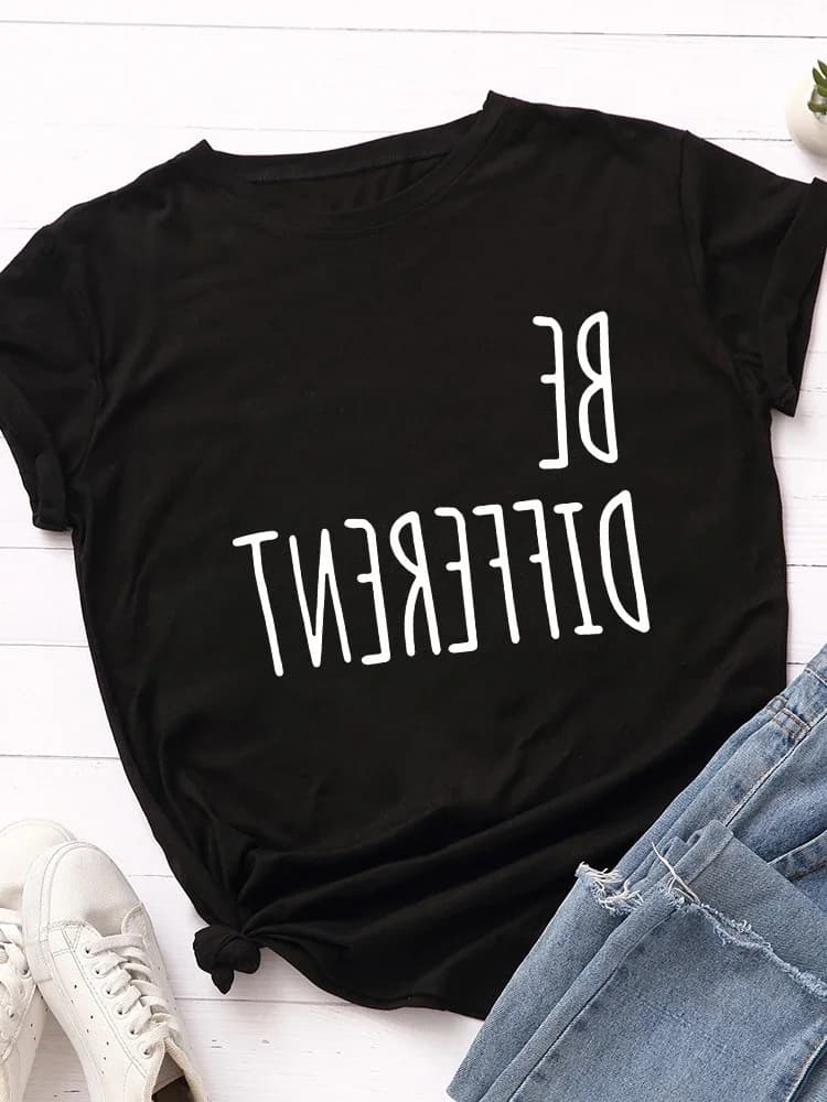 T-shirt manches courtes col rond femme, décontracté, avec lettres imprimées à l'envers, Be Different