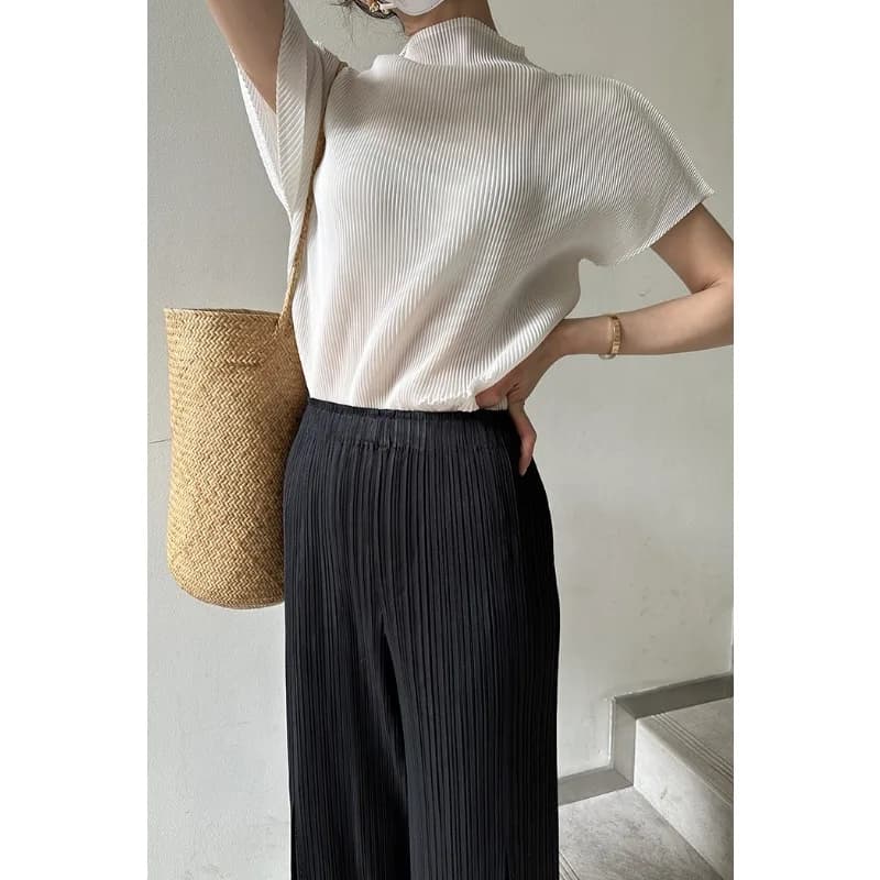 T-shirt à manches courtes plissé pour femme, haut blanc, col mi-haut, noir, mode adt, haute qualité,