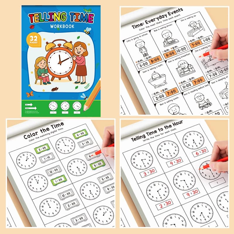 Cahier d'exercices pour enfants sur les concepts de temps d'apprentissage, adapté aux activités de l