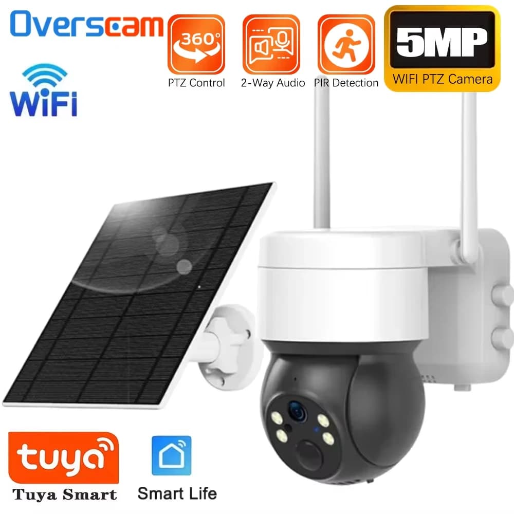 5MP Tuya Smartlife solaire WiFi caméra PTZ extérieure sans fil Surveillance de sécurité couleur Visi