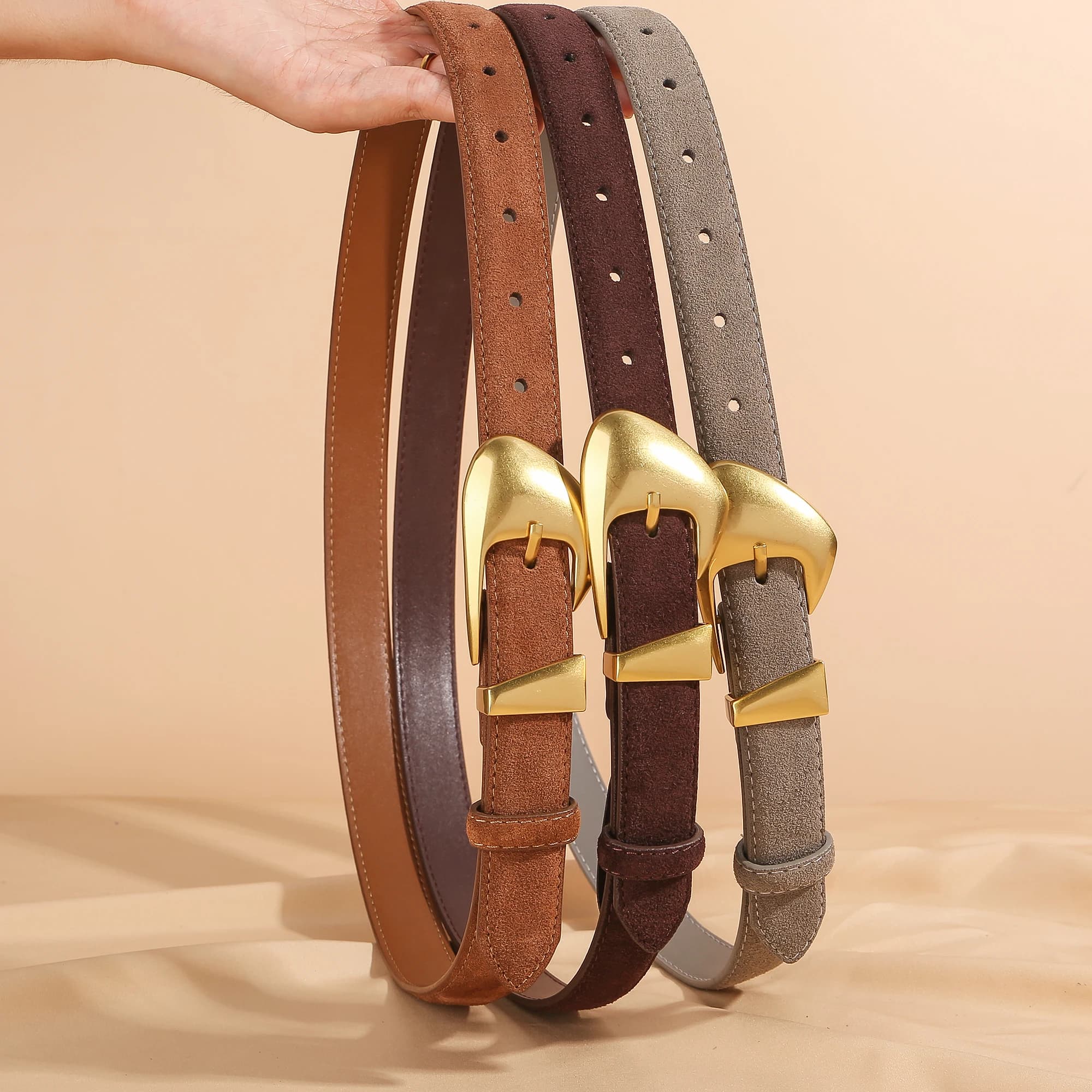 Ceinture de luxe en cuir de vache et daim pour femmes, Style Vintage avec boucle dorée, ceinture de 